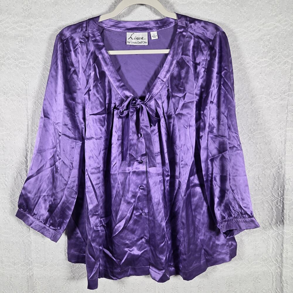 Linea by Louis Dell'Olio Silk Blouse Women L Purple Bow Tie Neck Satin Luxury